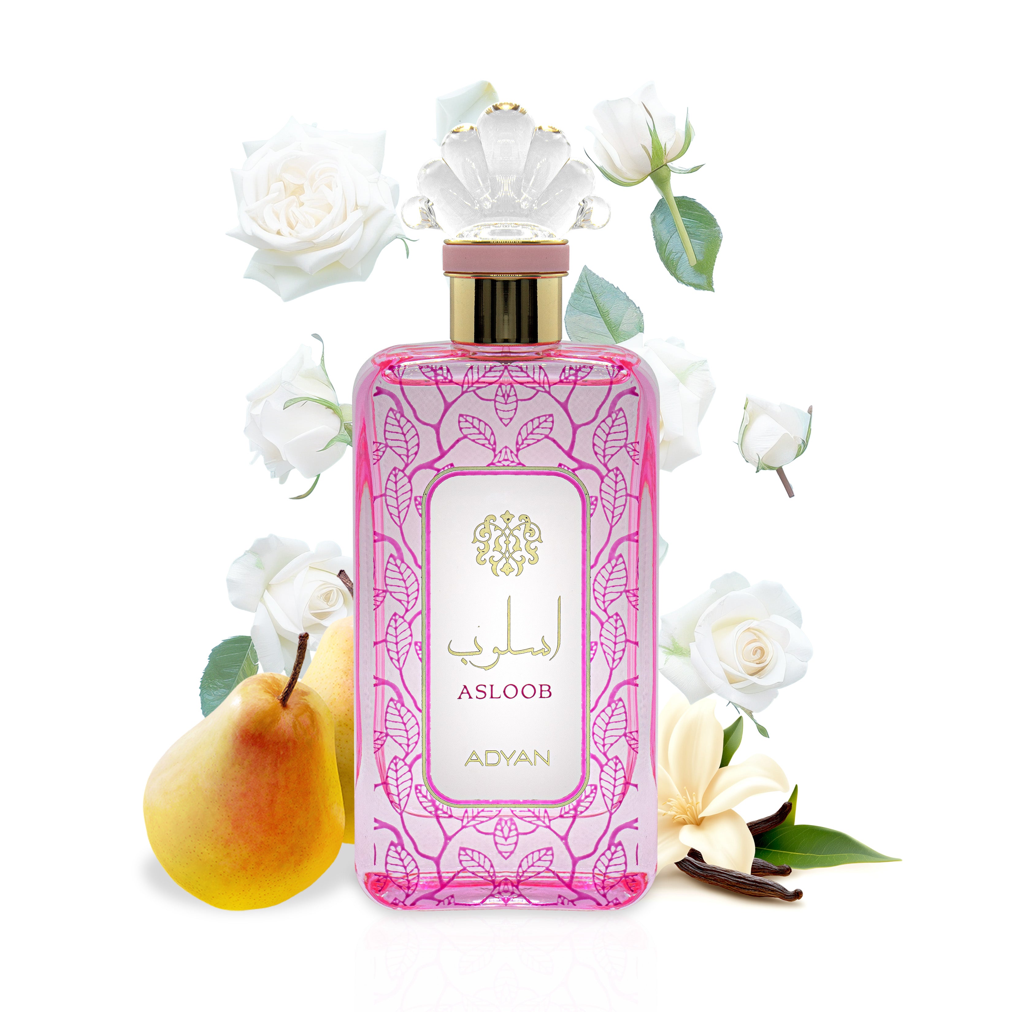 Perfume bottle labeled 'Asloob' with flowers and fruit on a white background