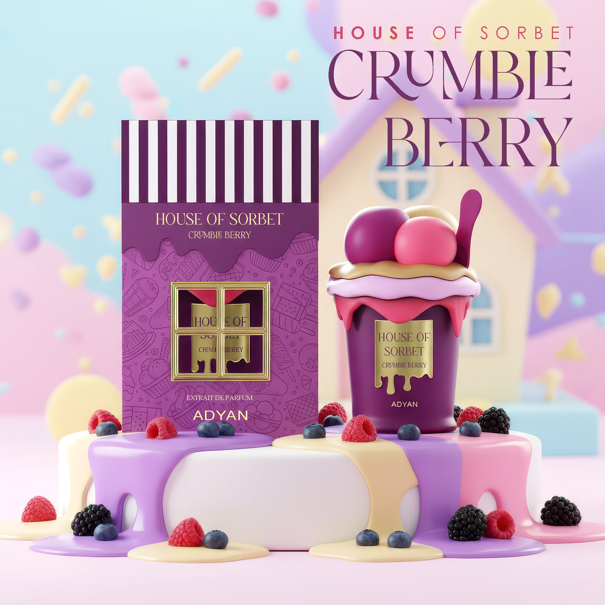 House of Sorbet Crumble Berry perfume with packaging and berries on a colorful background