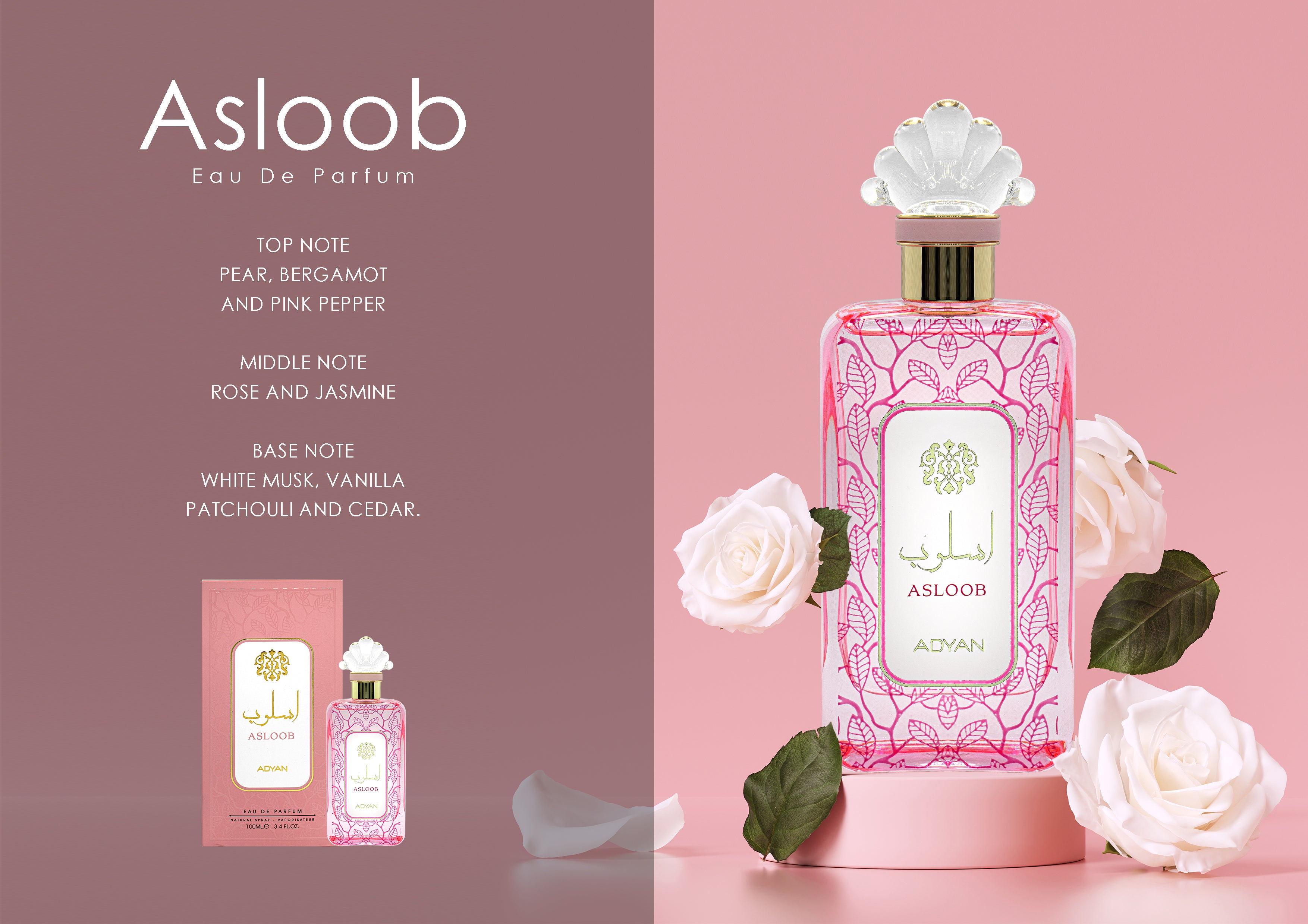 Asloob Eau De Parfum bottle with floral design on a pink background