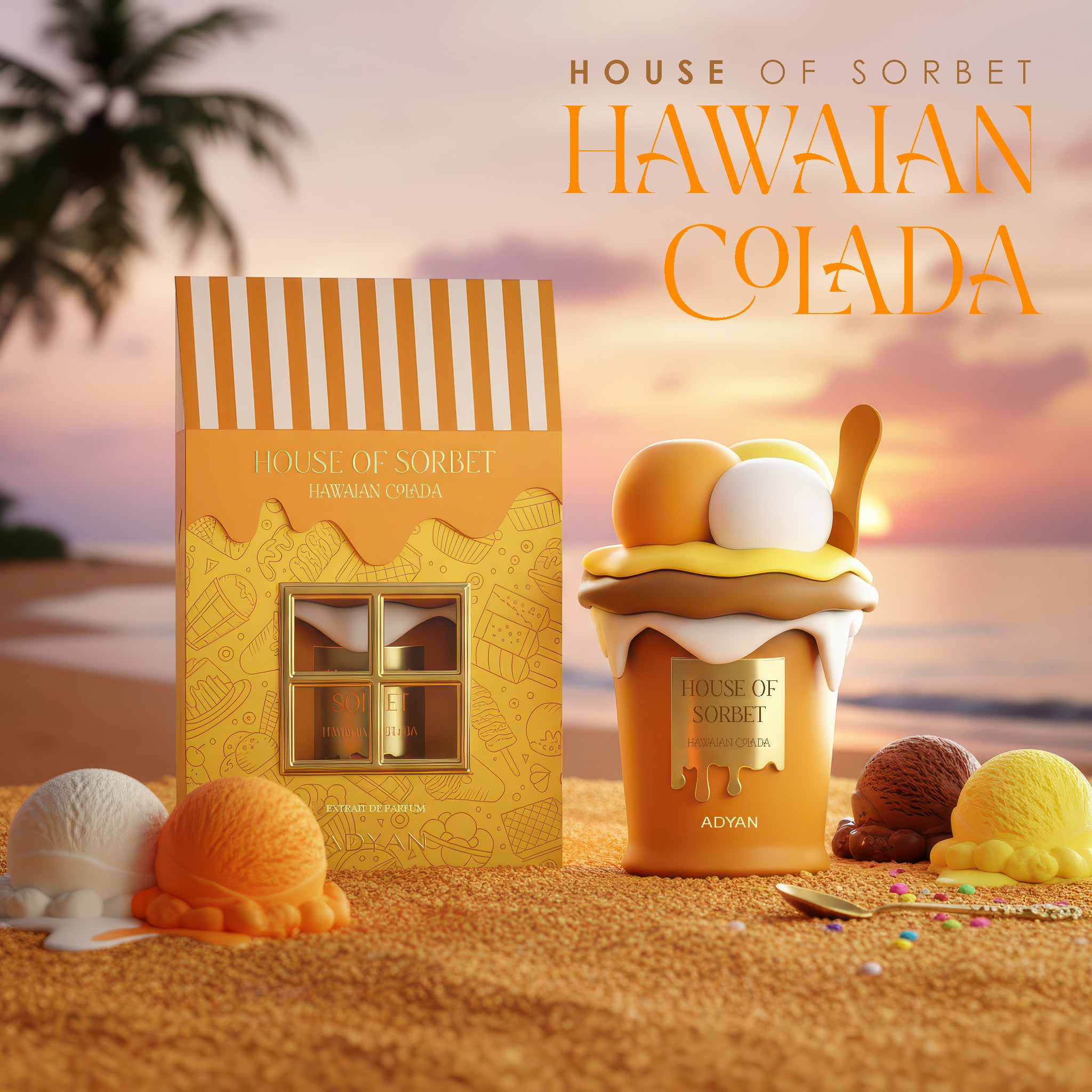 House of Sorbet Hawaiian Colada perfume featuring mango, pineapple, peach, coconut milk, vanilla, frangipani and white musk notes