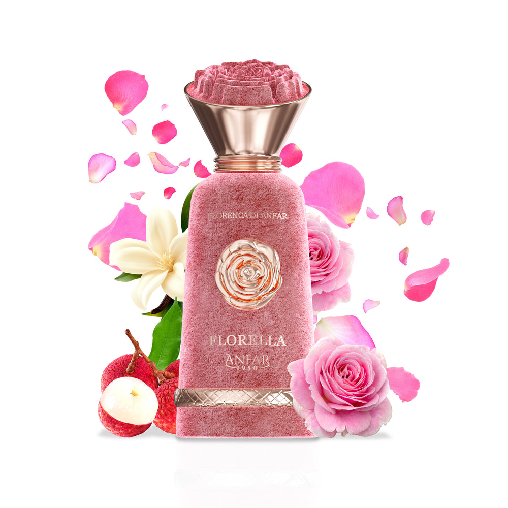 Florella Pour Femme by Anfar 1950 pink floral perfume bottle with rose, litchi and white flower presentation