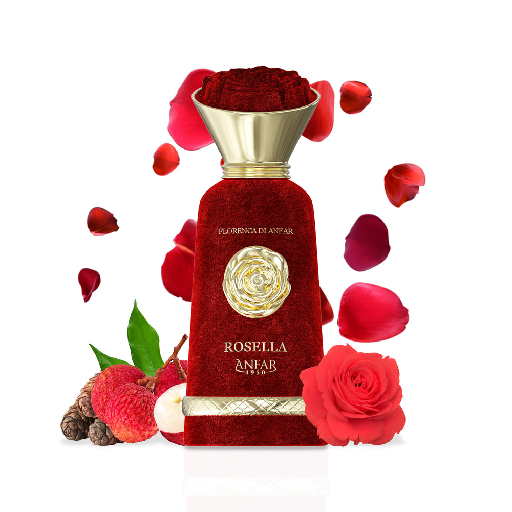 Rosella Pour Femme by Anfar 1950 red perfume bottle with golden rose and floral litchi presentation