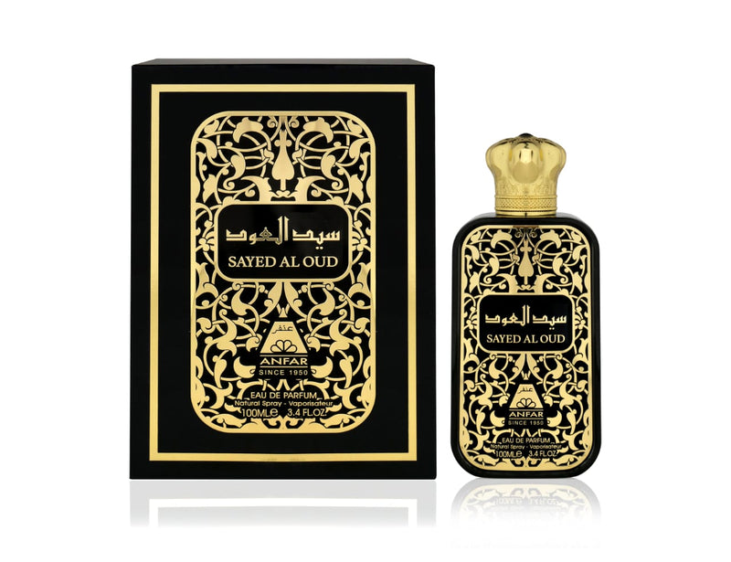A perfume bottle and box with ornate black and gold design, labeled 'Sayed Al Oud'.