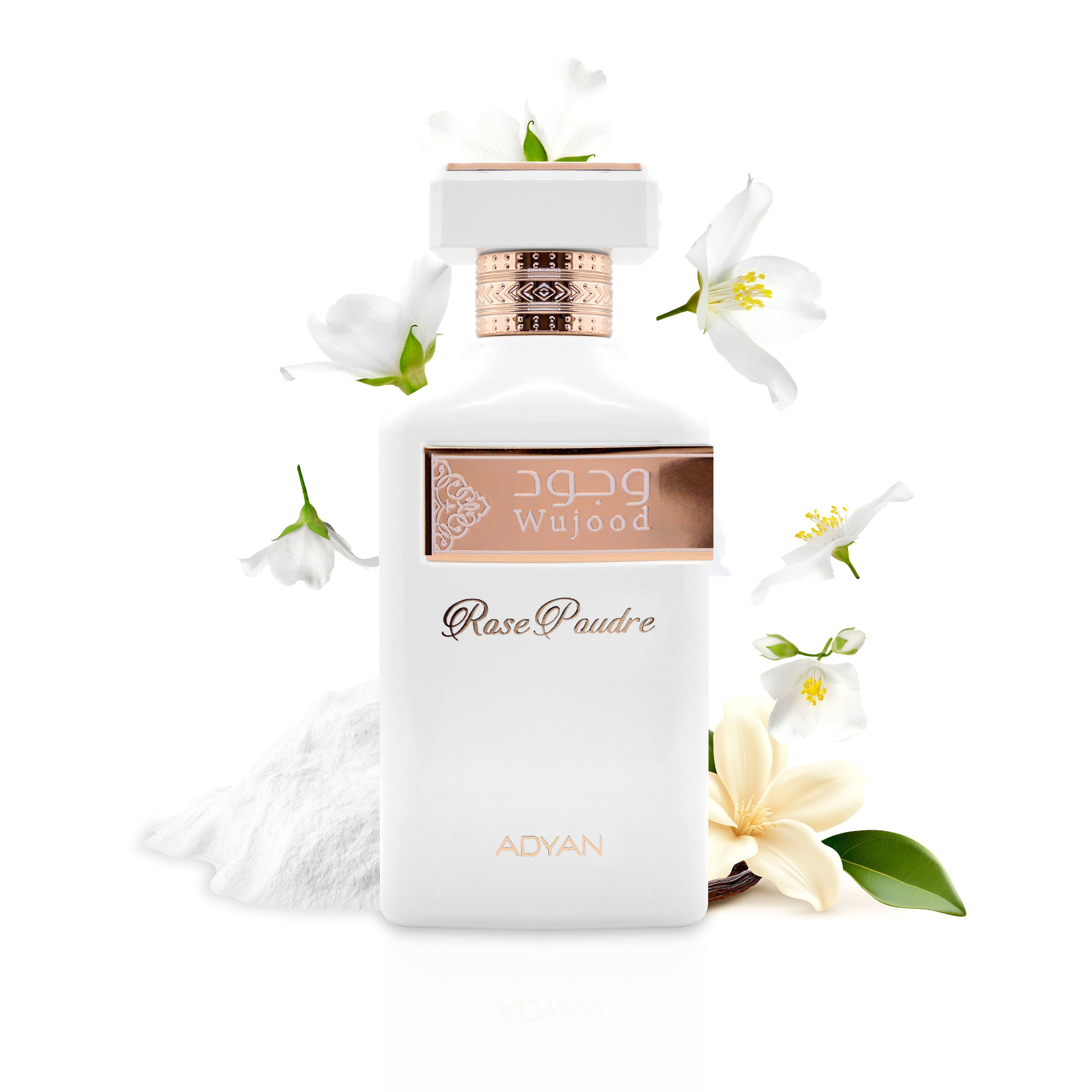 Adyan Wujood Rose Poudre Eau De Parfum 100ml powdery floral musk perfume for women with white musk, vanilla, saffron, jasmine and tonka bean