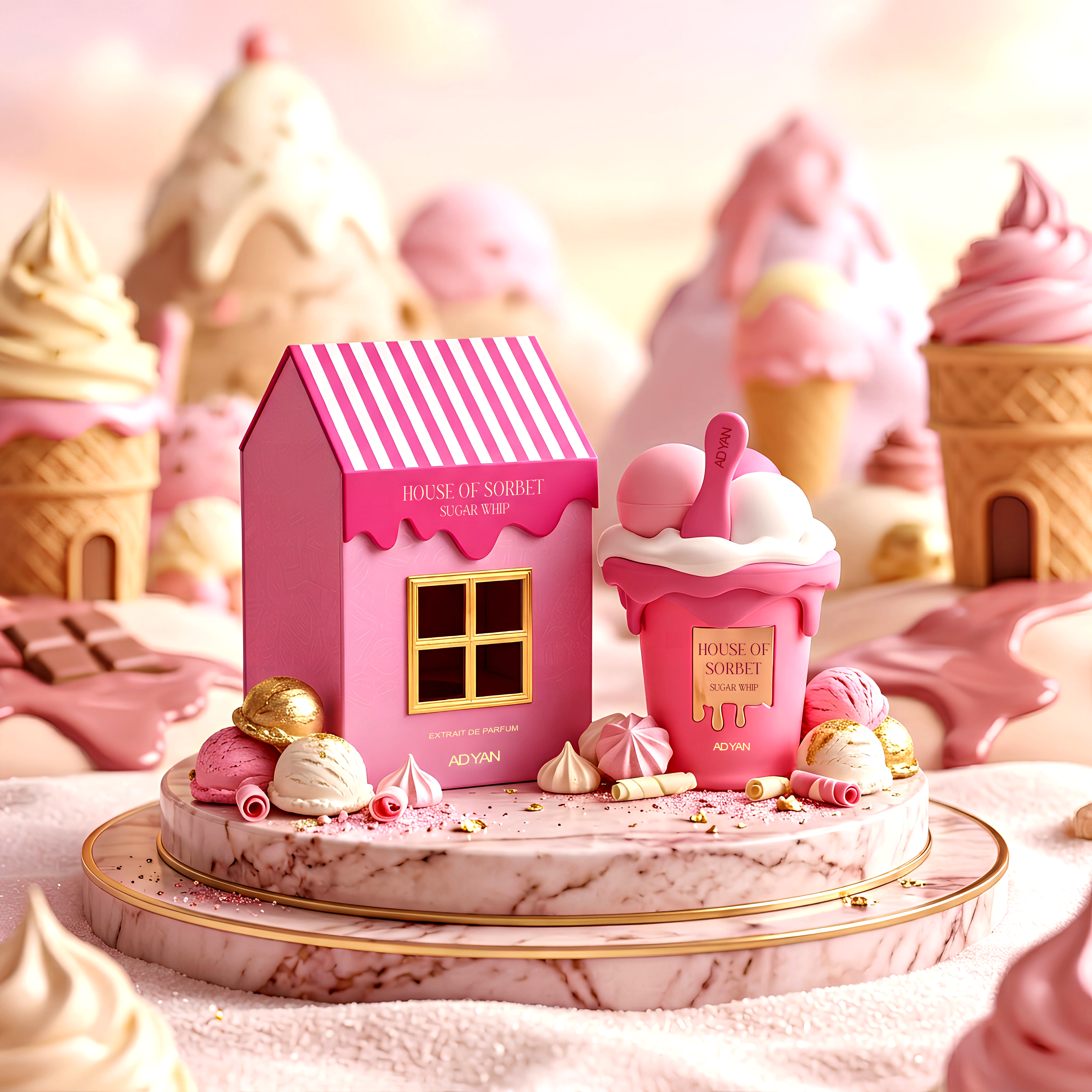 Adyan House of Sorbet Sugar Whip Eau De Parfum sweet strawberry vanilla gourmand fragrance in pink sorbet bottle in Dubai, UAE