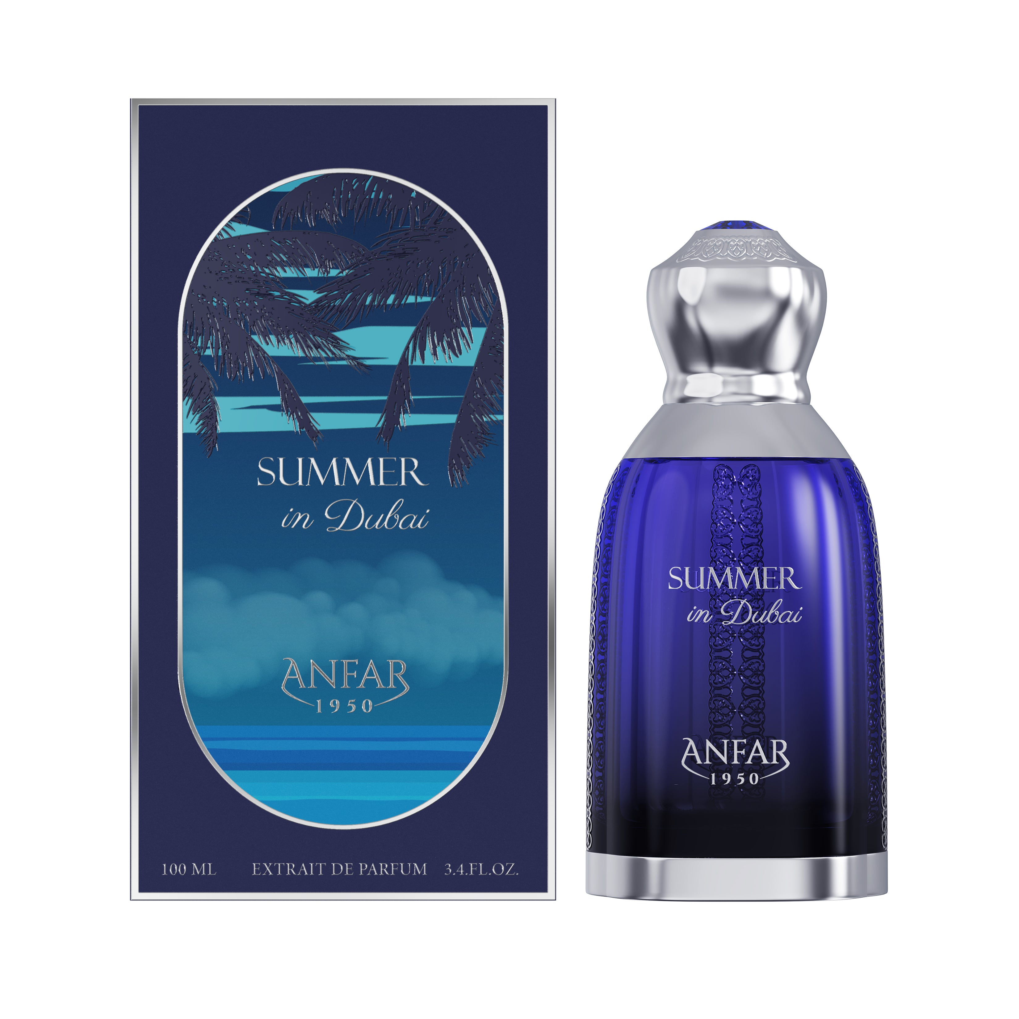 Anfar 1950 Summer in Dubai perfume bottle and packaging on a white background