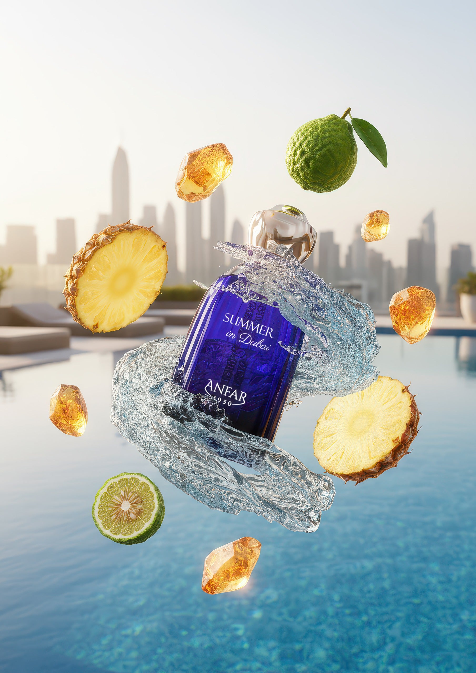 Blue perfume bottle labeled 'Summer in Dubai' by ANFAR with floating fruits on a cityscape background.
