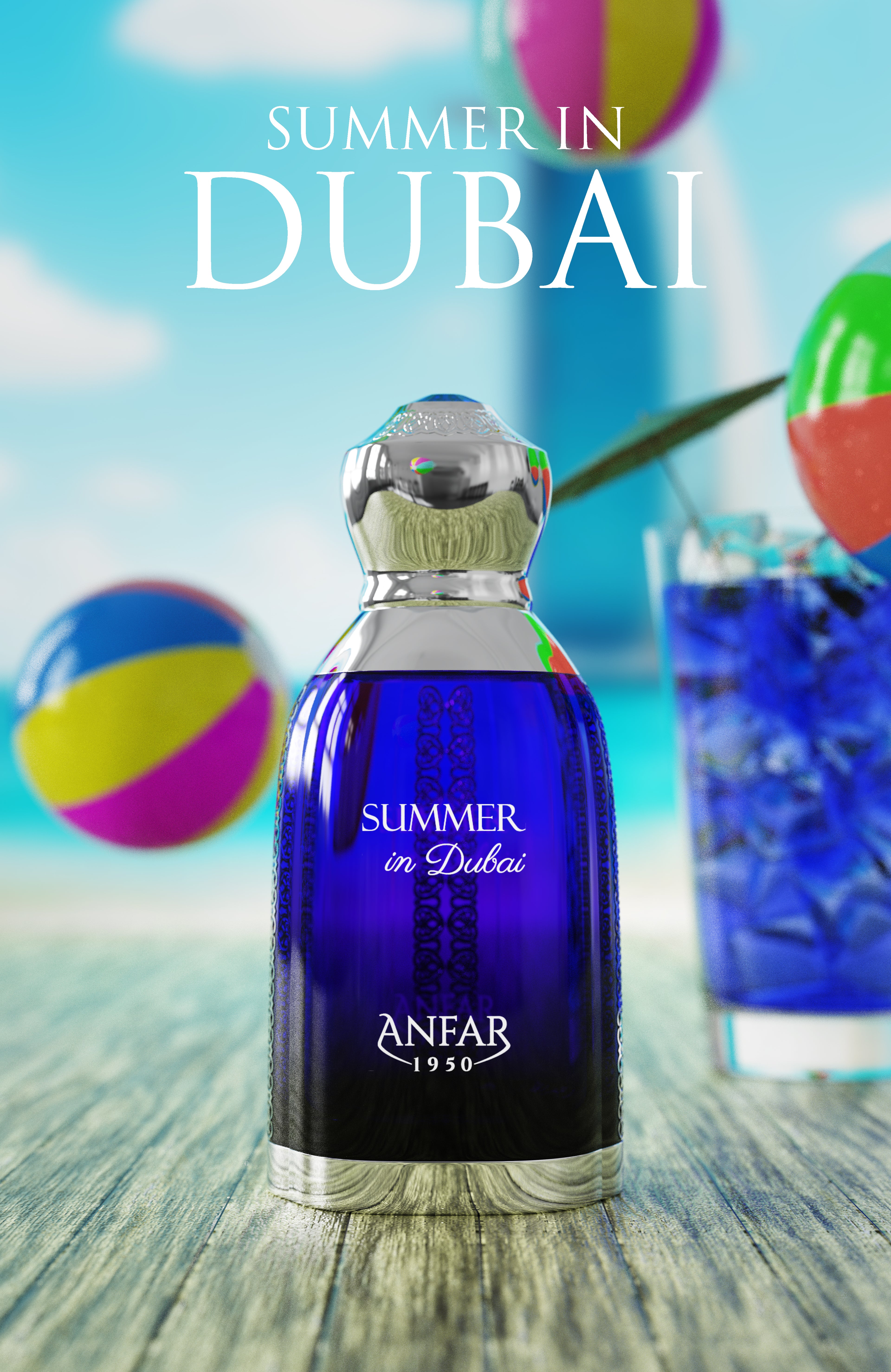 Blue perfume bottle labeled 'Summer in Dubai' by Anfar with beach balls and a glass in the background.