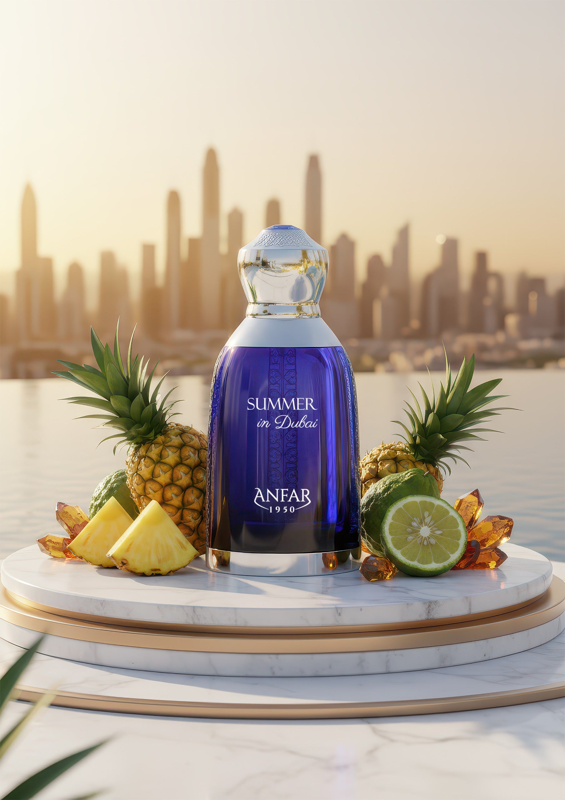 Blue bottle labeled 'ANFAB' with summer-themed fruits on a marble platform against a city skyline.